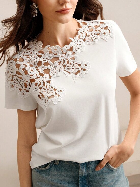Tops - White Casual Women's Crochet Hollow-Out Short Sleeve T-Shirt